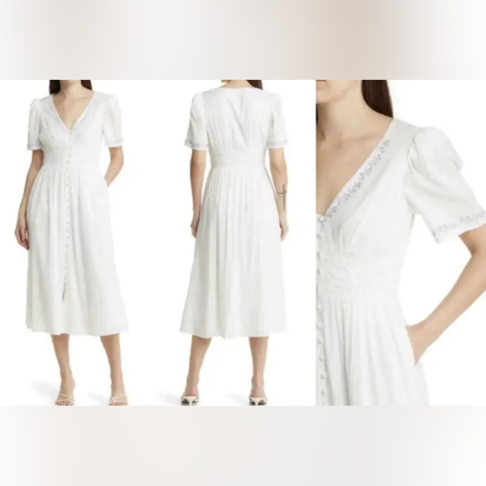 New Reformation Kamryn Embroidered Smocked Waist Midi Dress In White Sz 10